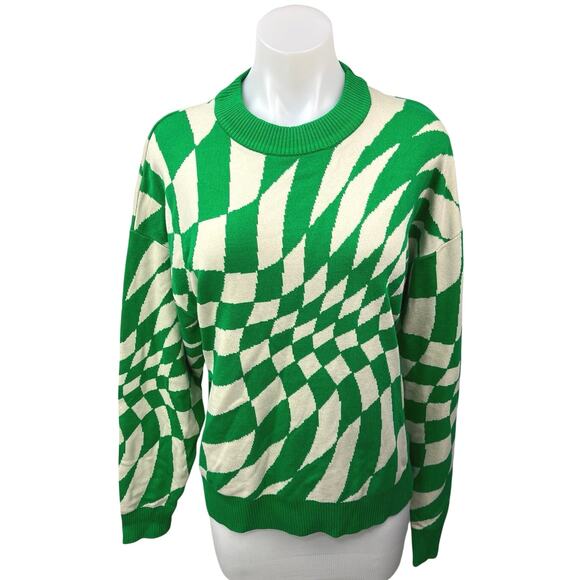 Edikted Green White Checkered Plaid Crew Neck Oversized Pullover Sweater Top M/L - Picture 1 of 5